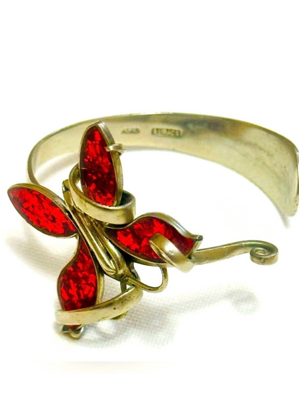Vintage Alpaca Silver Handmade Fork Art Cuff Bracelet With Lucite Red Butterfly